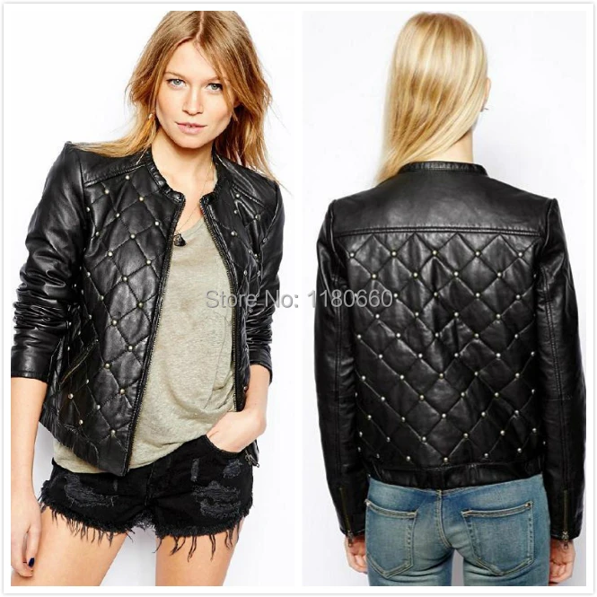 New Hot 2014 font b Winter b font Fashion Rivet Mosaic Leather Jacket Women Coat Slim