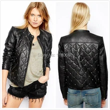 New Hot 2014 font b Winter b font Fashion Rivet Mosaic Leather Jacket Women Coat Slim