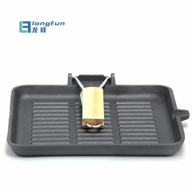 Heavy Duty 27cm Round Cast Iron Seasoned Grill Pan With Folding Wooden