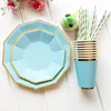 Free Sample Blue Design Paper Plate Cup Gold Paper Drinking Straws Tableware Set with Biodegradable Material