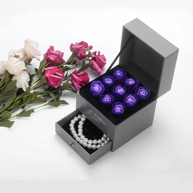 Paperboard Cube Flower Jewelry Box Packaging With Drawer And Eva And