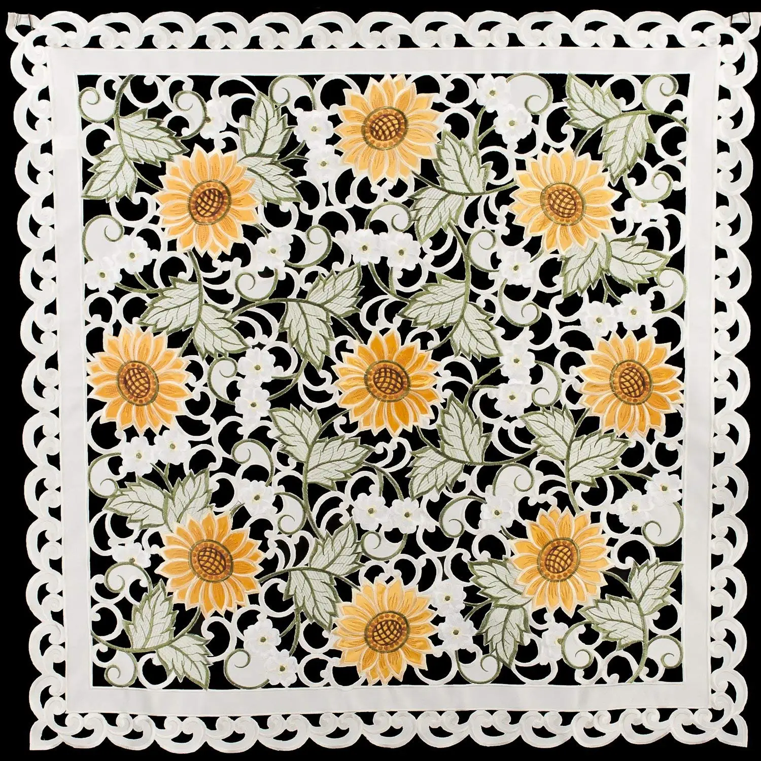 Linens, Art and Things Embroidered Table Topper Doily Table Centerpiece Small Tablecloth Open Weave Cut Work Sunflower and White Daisy on Ivory Approx 33" x 33"