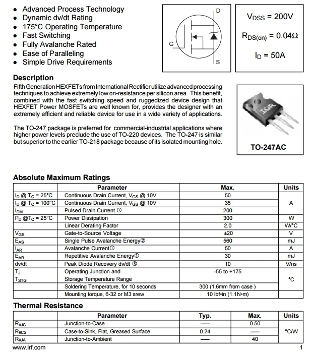 Irfp260n Mosfet Mosft 200v 49a 40mohm 156ncac Sic Mosfet Buy All