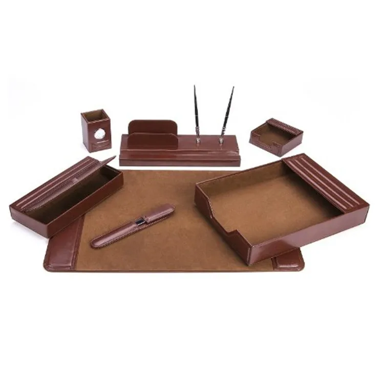 7 Pcs Pu Leather Office Desk Accessories Manufacture Odm Luxury Custom Leather Wood Supplies