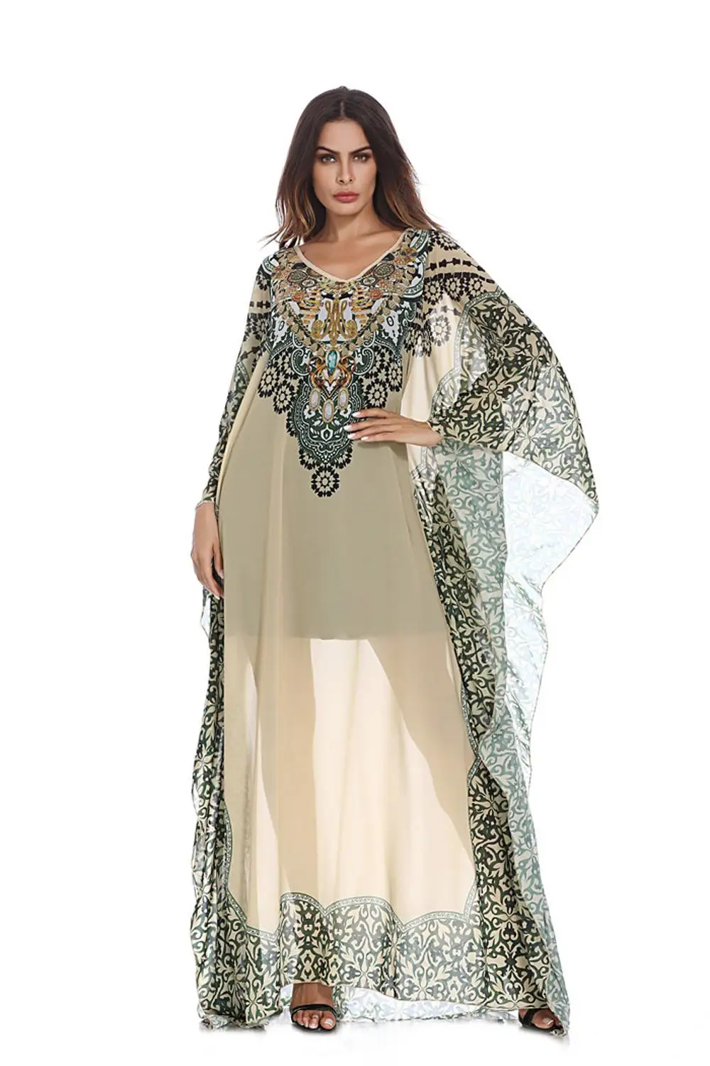 Islamic Women Loose Abaya Muslim Dress Chiffon Batwing Sleeve Printed ...