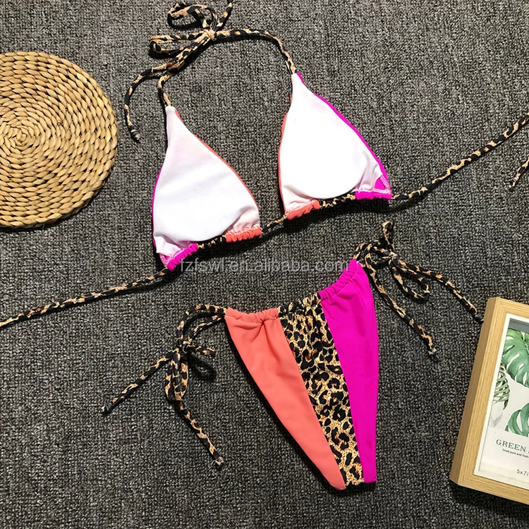 2019 Sexy Leopard Patchwork Sling Tie Halter Thong Micro Bikini Sets