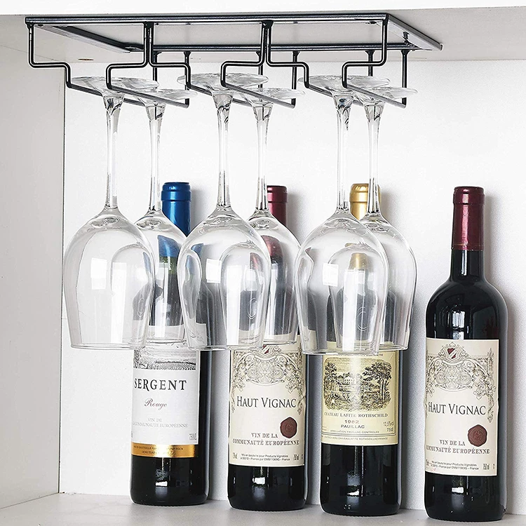Amazon Hot Sale Goblet Glass Wine Cup Holder Under Cabinet Wall Wine Glass Racks Hanging Storage Stemware Racks 3 Row Hange