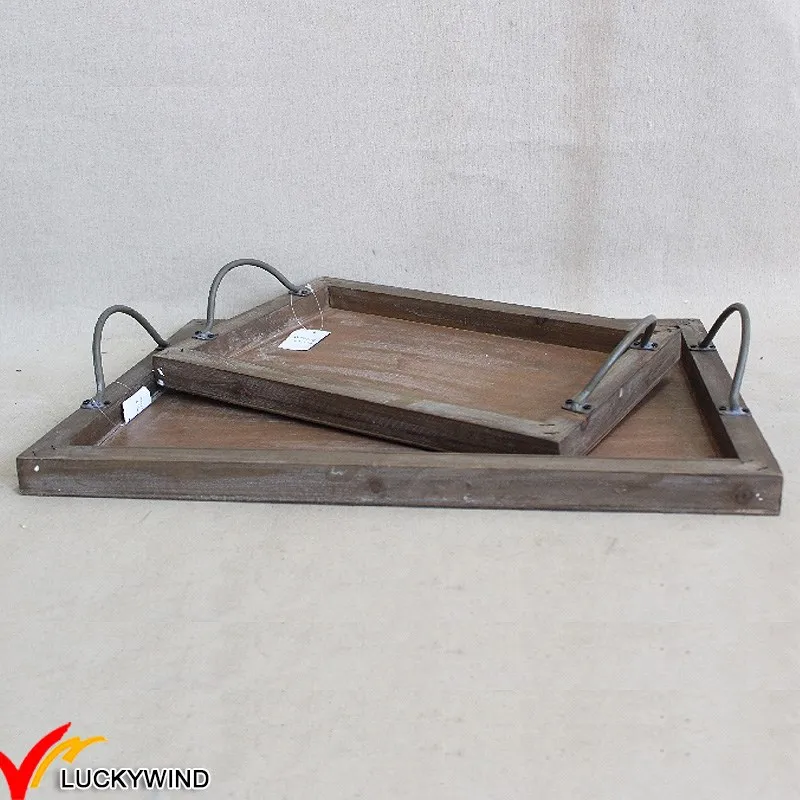Stack Set 2 Antique Rectangle Wooden Tray With Metal Side Handles Buy
