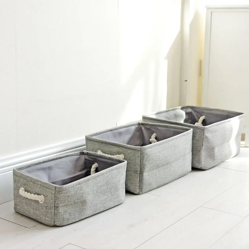 Linen Fabric Home Storage Box For Clothes With Cotton Rope Handle And