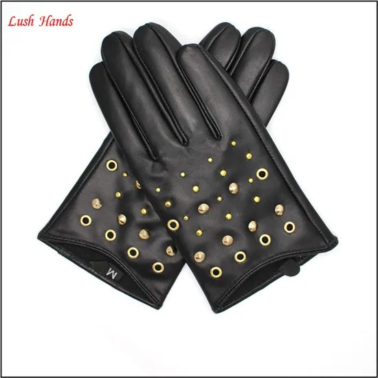 fashion lady short drving gloves leather gloves with rivets of metal