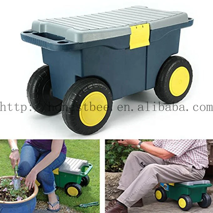 Removable Rolling Plastic Garden Storage Bench Tool Cart Seat 4 Wheels