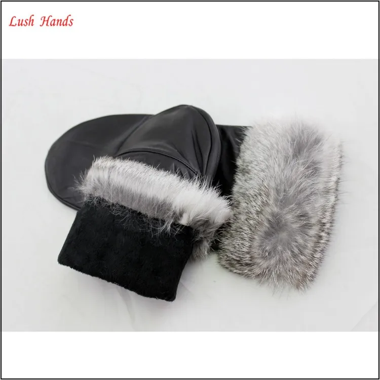 2016 leather mittens gloves sheepskin with grey rabbit fur for women