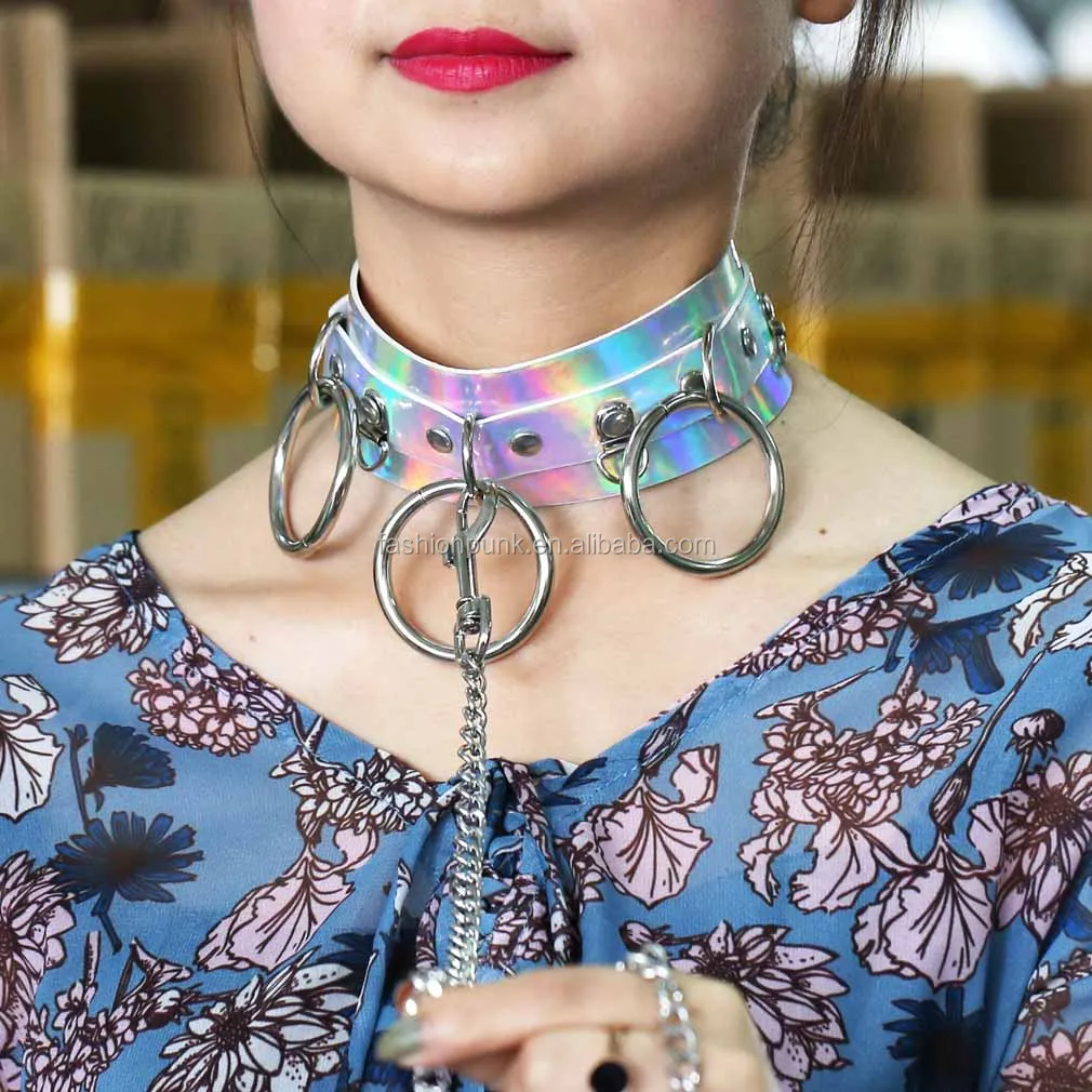 Sexy 3 Ring Choker With Chains Slave Holographic Laser Pastel Leather O