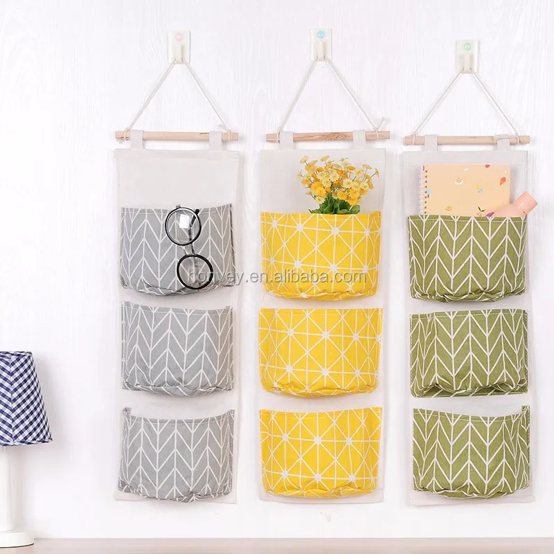 Honvey Wall Hanging Storage Bags Cotton And Linen 3 Pockets Wall Door Closet Hanging Storage Bag