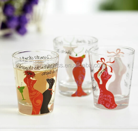 Supplier in China personalized logo shot glasses, christmas printing drinking glass