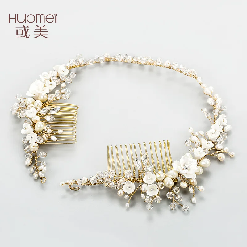 Handmade Fancy Pearl Bridal Hair Accessories Gold Plated Crystal