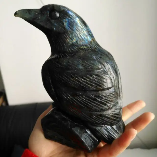 天然美丽的拉长石乌鸦/鸟雕刻家居装饰