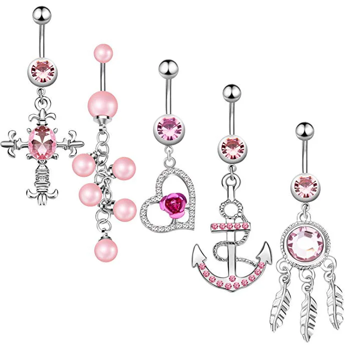 5pcs Dangle Belly Button Rings Set Navel Surgical Stainless Steel 14g Body Piercing Jewelry 