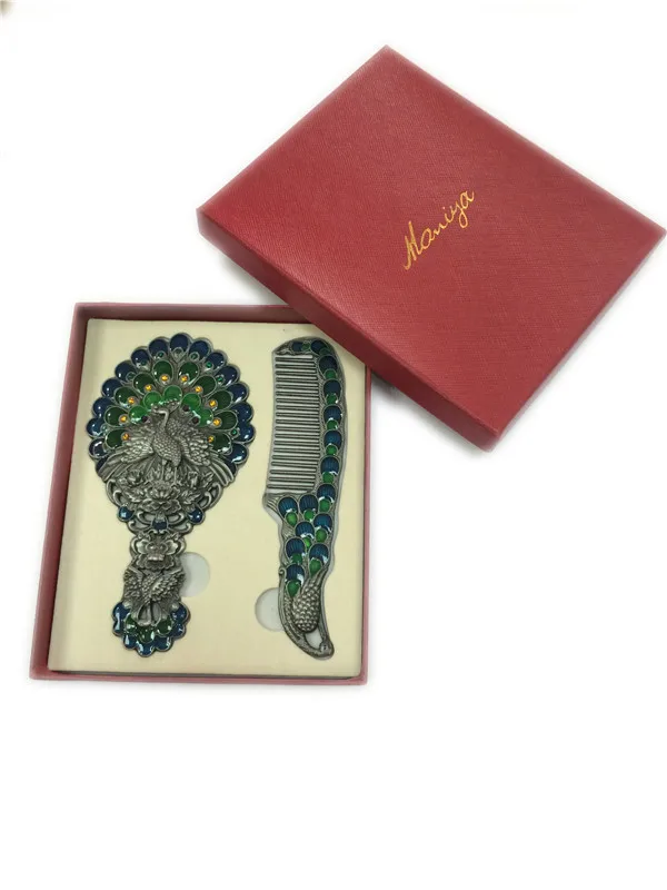 Luxury Gift Set Hand Mirror With Comb / Peacock Theme Mirror Gift