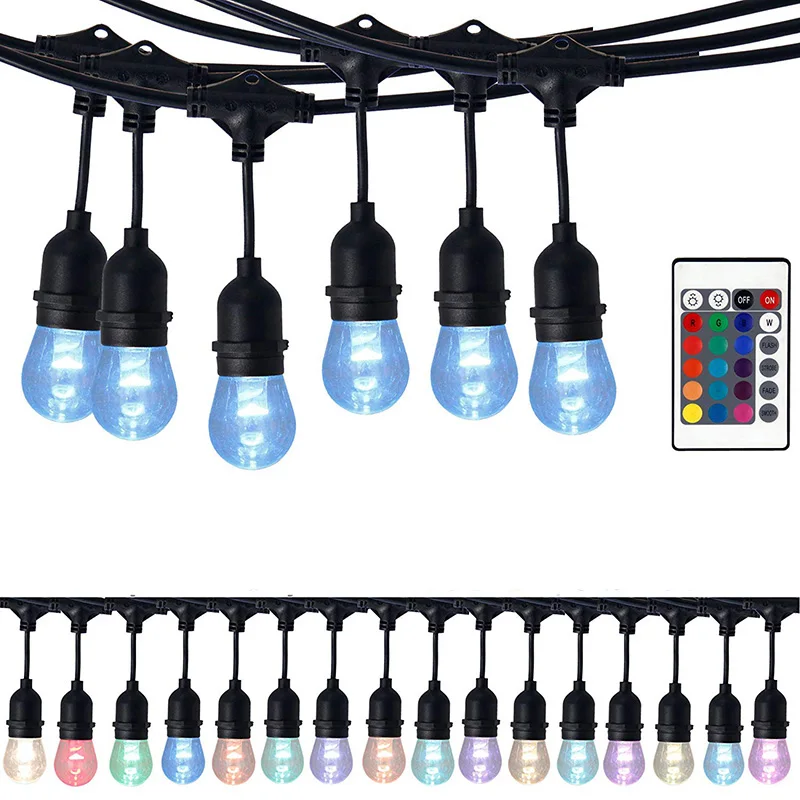 WXNEON Color Changing IP65 48ft 15 Bulbs RGB Function s14 LED Vintage Patio Light String for Outdoor Christmas