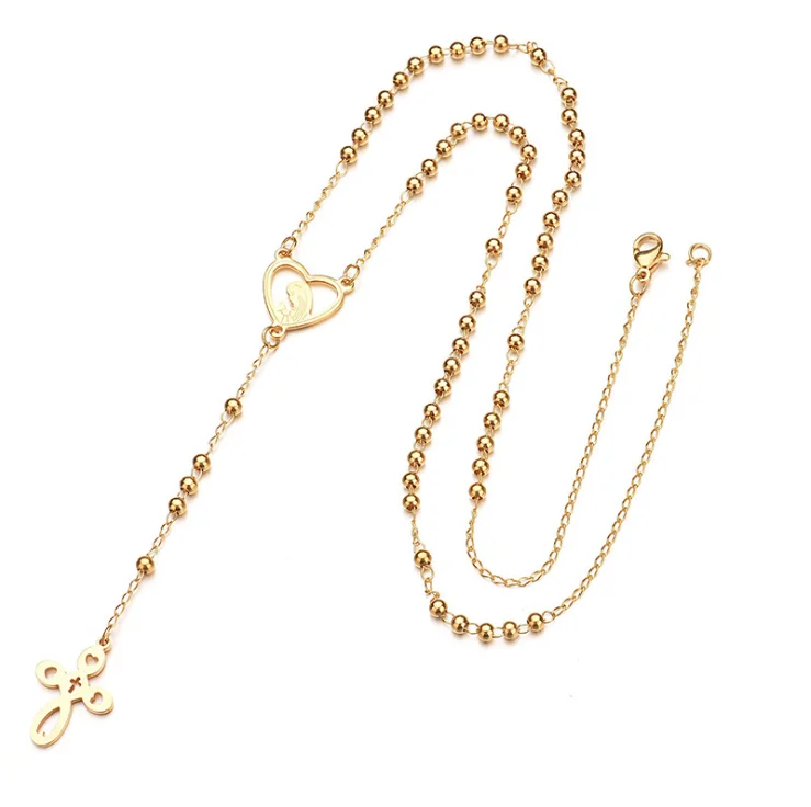 52cm gold plated Virgin Mary Jesus Cross rosary necklace catholic