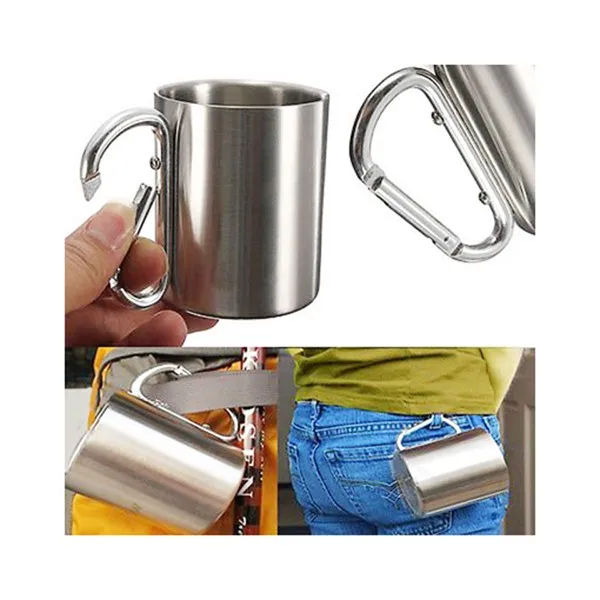Portable Travel Cup For Outdoors Camping Double Walled Insulated Mug With Carabiner Handle