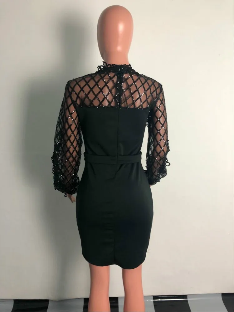 Wholesale Cut Out Sexy Women Dress with Sequin Mesh Sleeves Black Knee Length Bodycon Dress Club Party Hot Night Dress