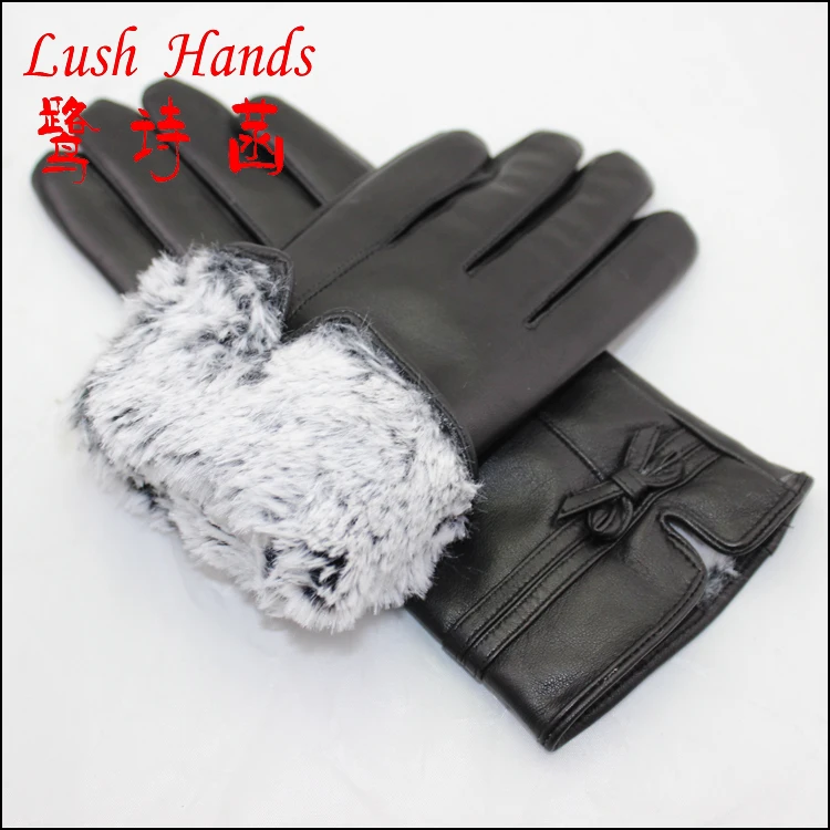 women black leather gloves with bow on cuff, touch screen gloves