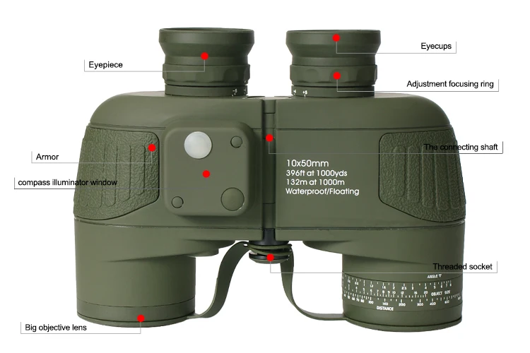 military waterproof / floating 10X50 binoculars with compass, rangefinder
