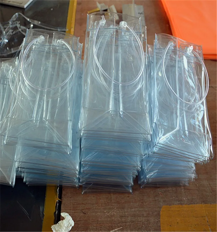 Fashional and popular PVC crystal transparent cooler bag for wine, Recyclable plastic wine ice cold pack bag
