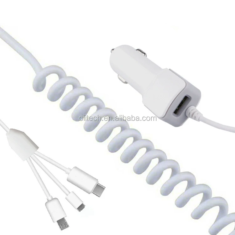 5V 2.1A 3 in 1 Delicate Curly Car Charger for iPhone Type-C Micro