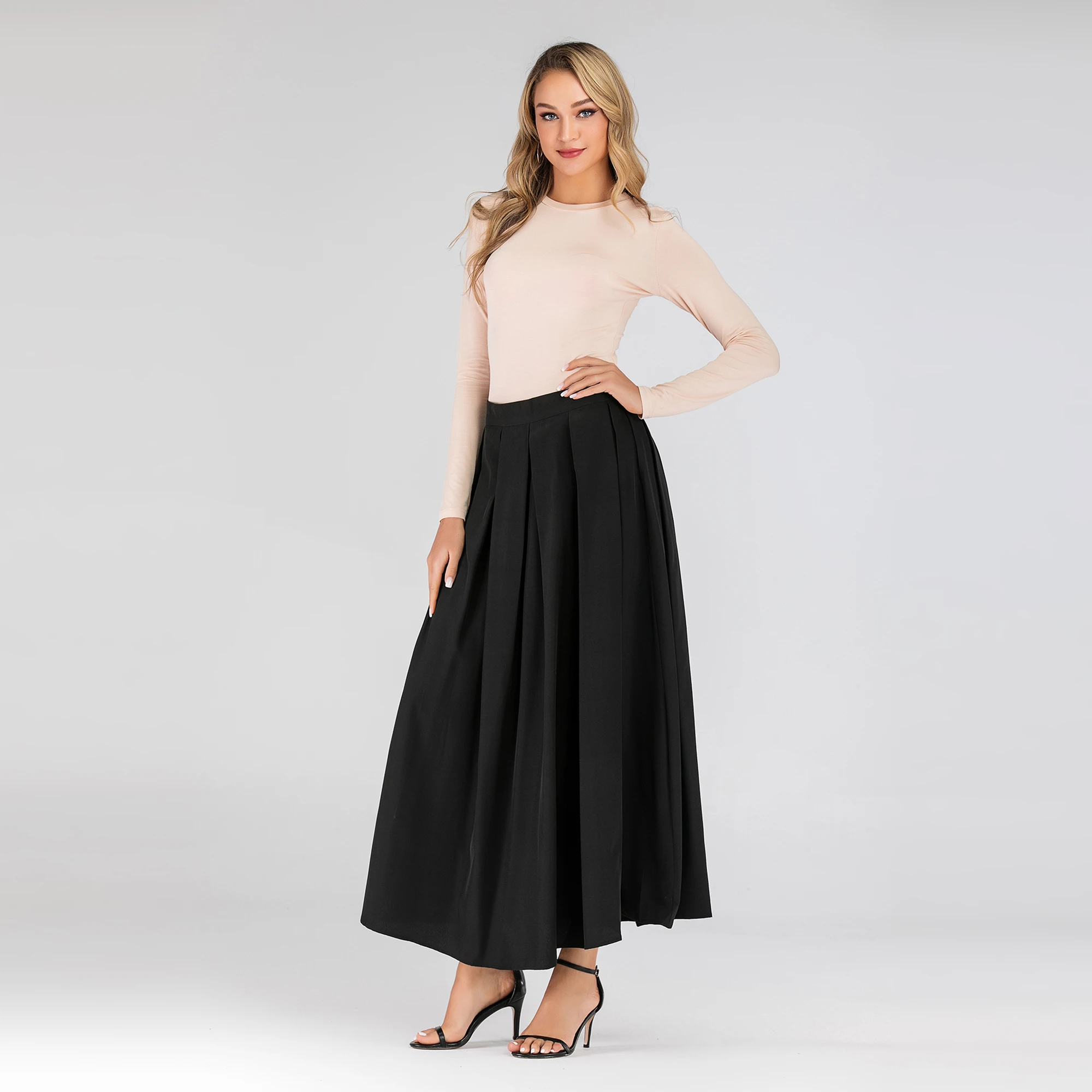 2195#latest design high waist plain pink maxi long skirt solid