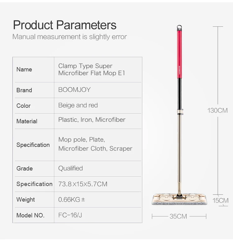 BOOMJOY E1 high strength plastic long handle micro fiber flat mop