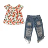 B60085A Two pieces of summer sleeveless pineapple jeans with torn shoulder sets