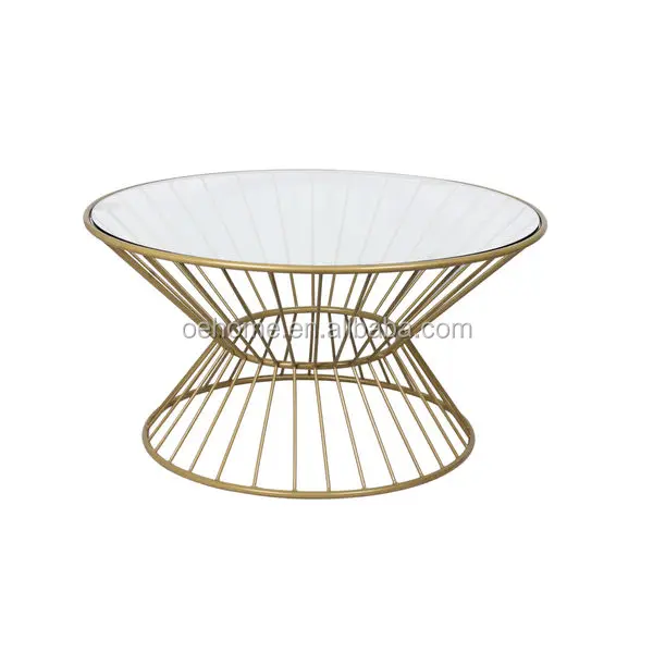 Gold Wire Framed Glass Top Coffee Table Wood Base With Stools On