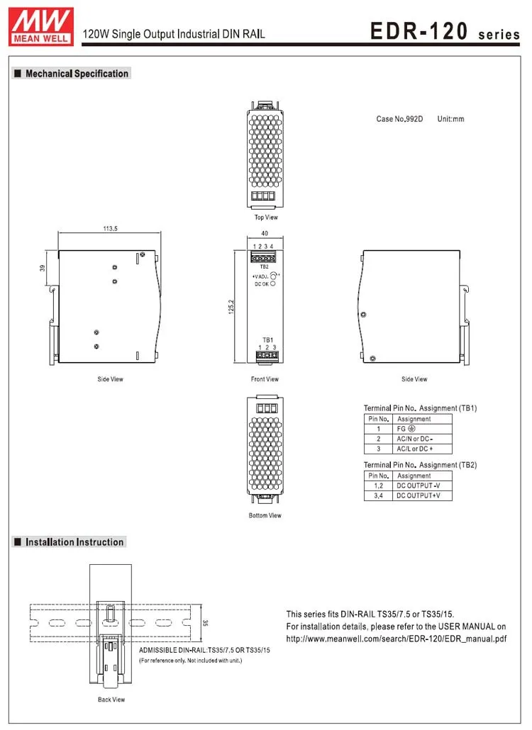 EDR-120-12 DIN Rail Power Supply – 120W, 12V Single Output, For Industrial & Automation Use