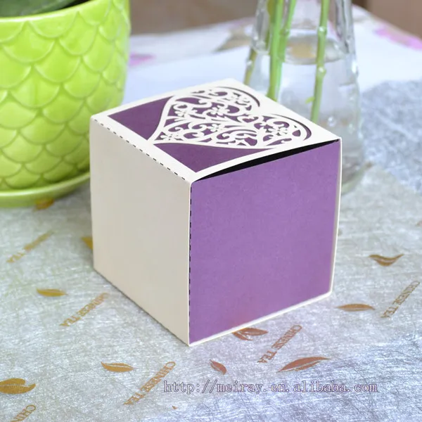 Square Wedding Favor Boxes With Heart Design Laser Cut Purple Ivory