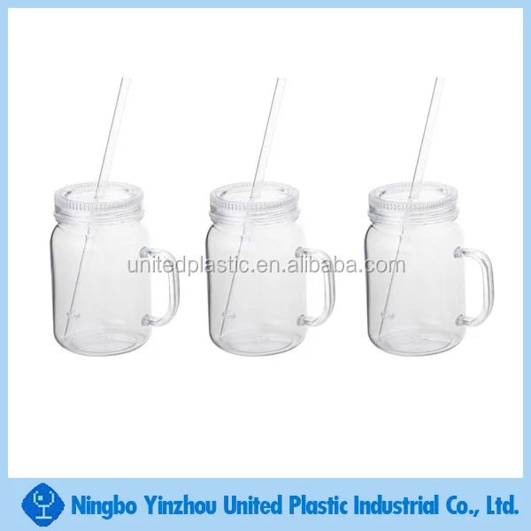 16oz Double Wall Plastic Mason Jar With Side Handle,Ps Plastic Jar For