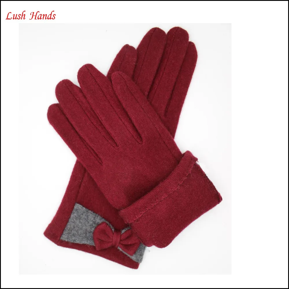 Lady's high quality winter warm red woolen gloves with bow