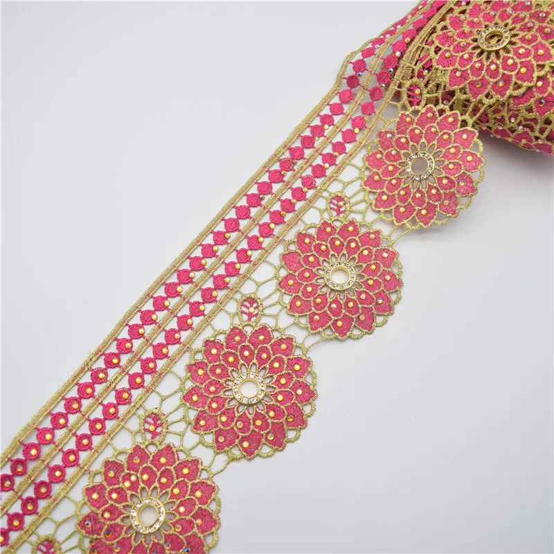Beaded Sequin Rhinestones Floral Embroidered Lace Fabric Ribbon Trim Crochet Guipure Applique Motif for Wedding Dress