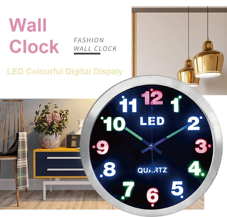 12 Inch Fashion Metal Digital Colorful Led Home Decor Wall Clock With