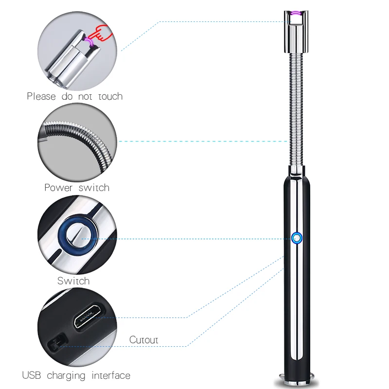 Metal Electric USB Rechargeable Arc Lighter, Windproof Flameless Kitchen BBQ Lighter With Long Handle