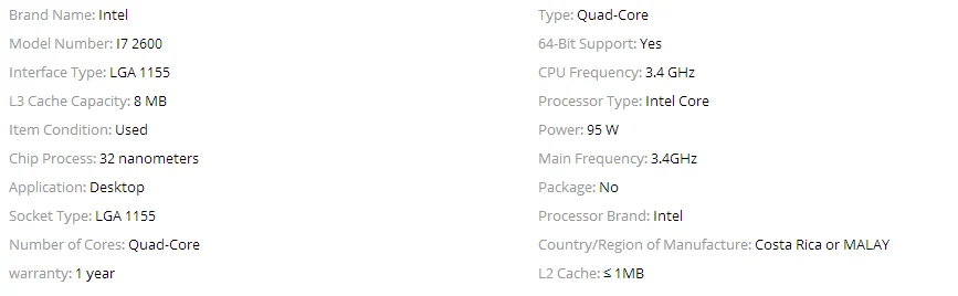 Intel Core I7 2600 3.4ghz Quad Core Processor 8mb 5gt/s Sr00b Lga 