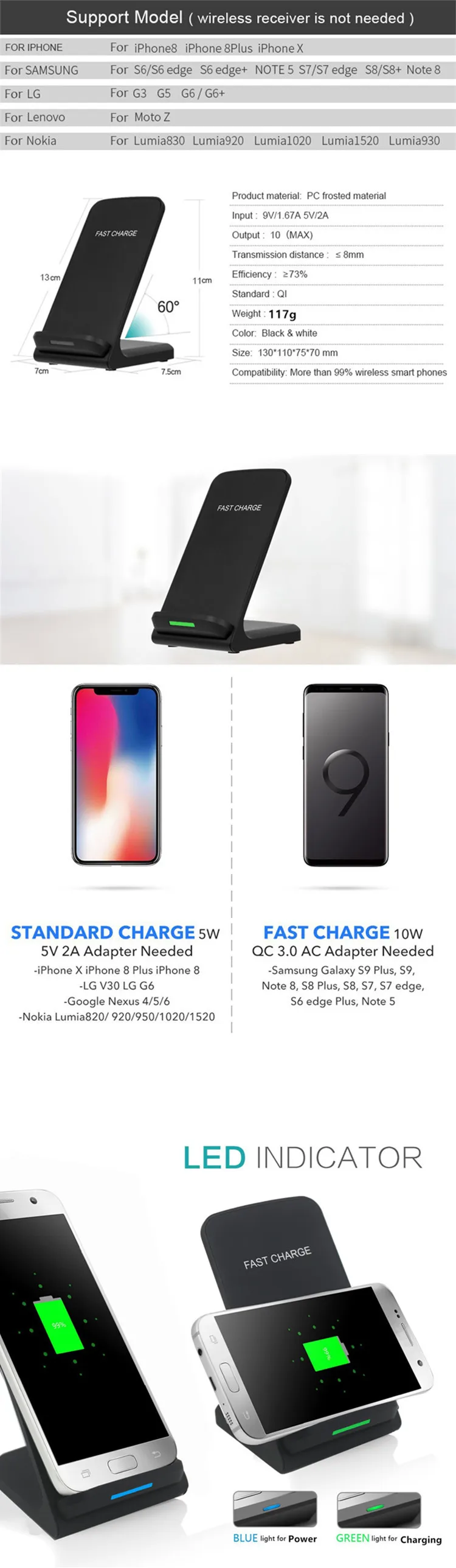 Fast Wireless Charger,Fast Wireless Charging Pad Stand for iPhone X/8/8 Plus For Samsung S9/Note 8/S8/S8 Plus