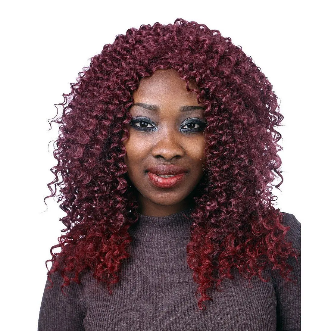 A.Monamour Dark Red Medium Long Afro Kinky Curly Synthetic Hair Full Wig fo...