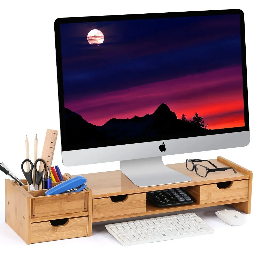 Bamboo 2 Tier Monitor Laptop Tv Printer Stand Riser With 3 Drawers