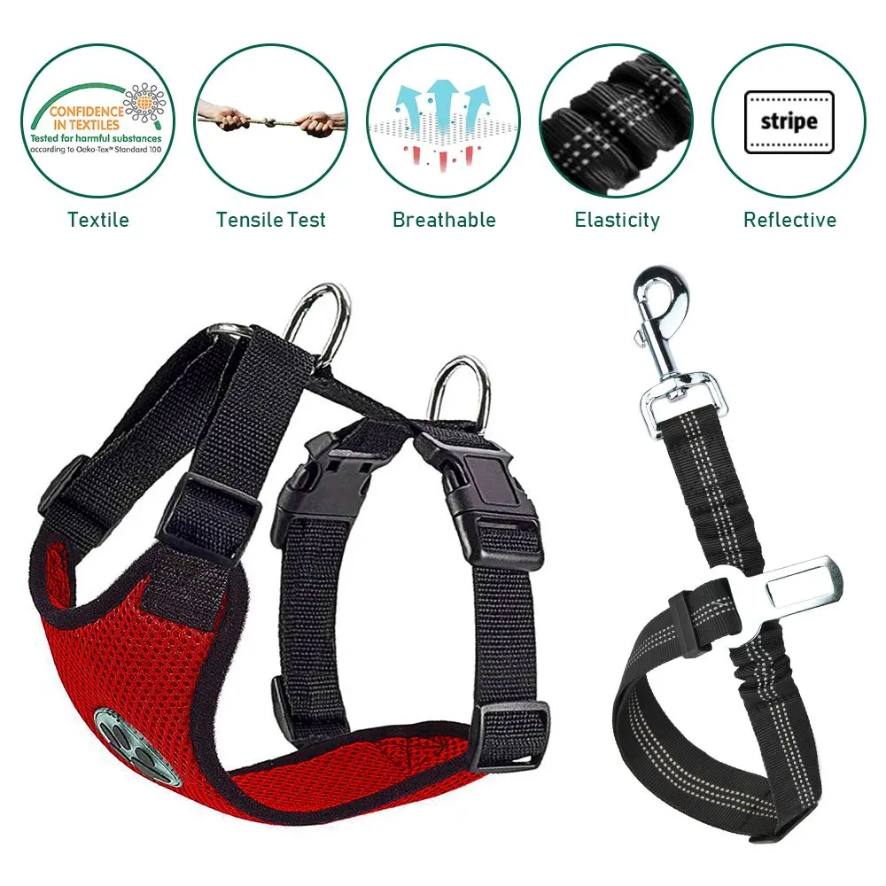 Nasus Dog Car Harness Seat Belt Vest Harness, Multifunction Adjustable Double Breathable Mesh Fabric with Car Vehicle Connector Belt for Dogs Travel Walking Trip