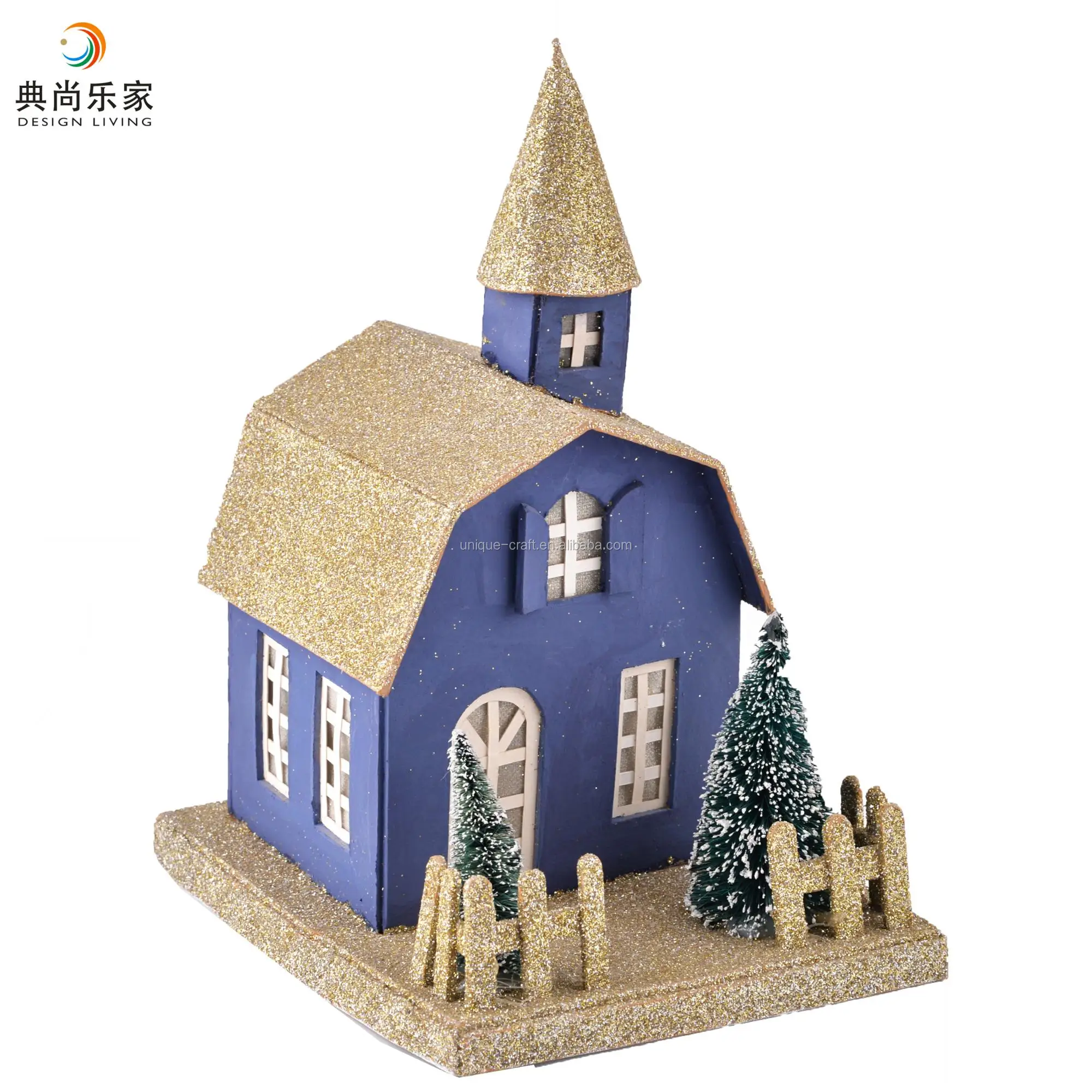 House Shaped Christmas Ornaments Glittering Blue Gold Cheap Paper Village Houses
