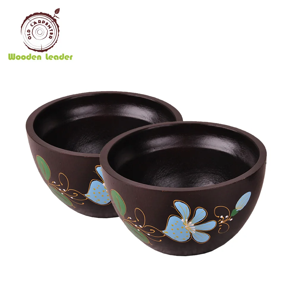 NEW Vintage Hand Painted Wood Wooden Dough Bowl Server With Painted Flower Y