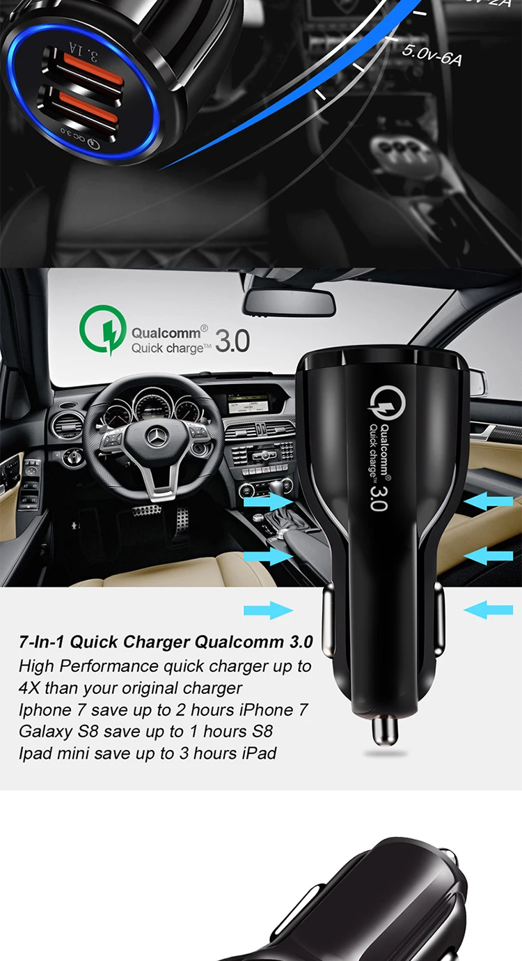 CE/Rosh/FCC Car USB Charger Quick Charge QC3.0 QC2.0 Mobile Phone Charger 2 Port USB Fast Car Charger for iPhone Samsung Tablet
